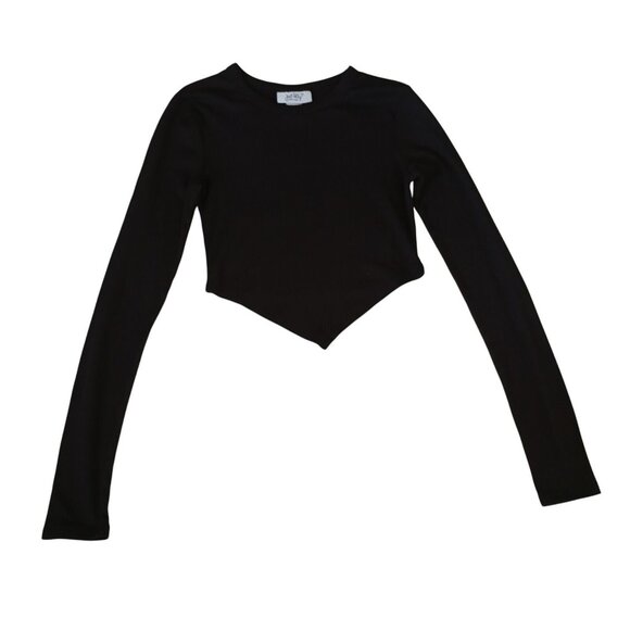 Just Polly Top XS Black Ribbed Long-Sleeve Asymmetrical Hem Womens - Picture 1 of 5